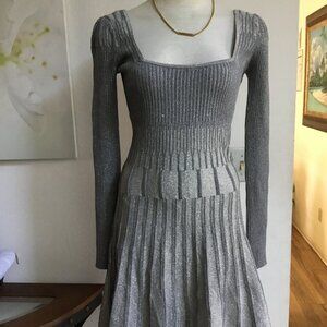 GUESS Textured Faux Knit Short Dress Shine Long Sleeve A-Line Silver/Grey S